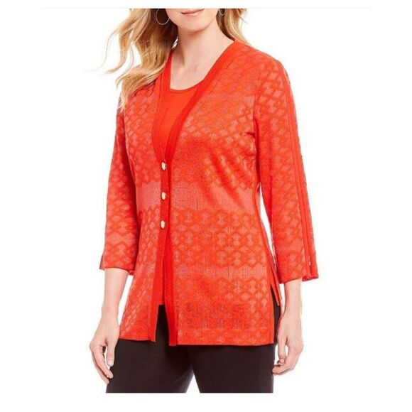 Misook poppy Red sweater and tank top sheer textured V neck cardigan M - Picture 12 of 12